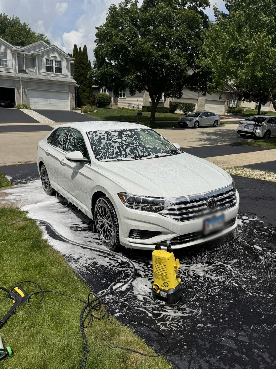 White sedan covered in foam during a mobile detail